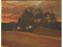 Jelzett olaj vászon tájkép: Tanya este 29 x 23 cm
