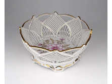 Régi, áttört, aranyozott, virágmintás Camina porcelán kosár 15.5 cm