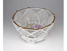 Régi, áttört, aranyozott, rózsa mintás Camina porcelán kosár 16 cm